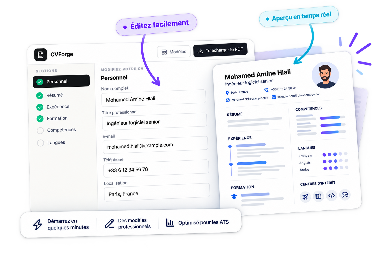 Interface GoMyCV avec aperçu de CV en temps réel